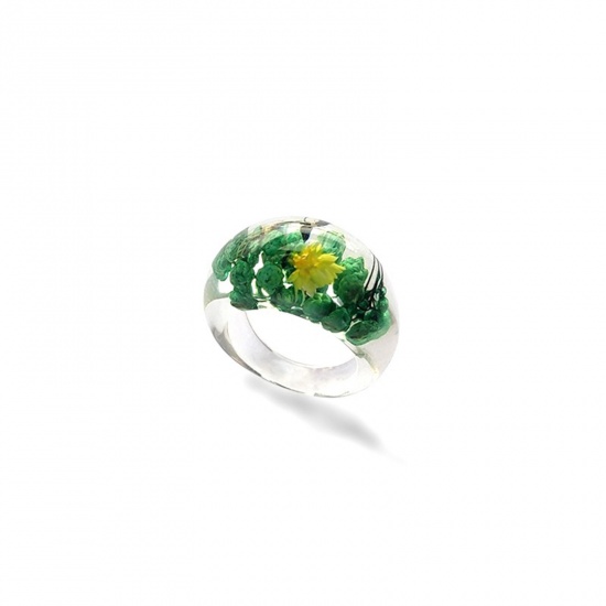Picture of Resin Handmade Resin Jewelry Real Flower Unadjustable Rings Green 17mm(US Size 6.5), 1 Piece