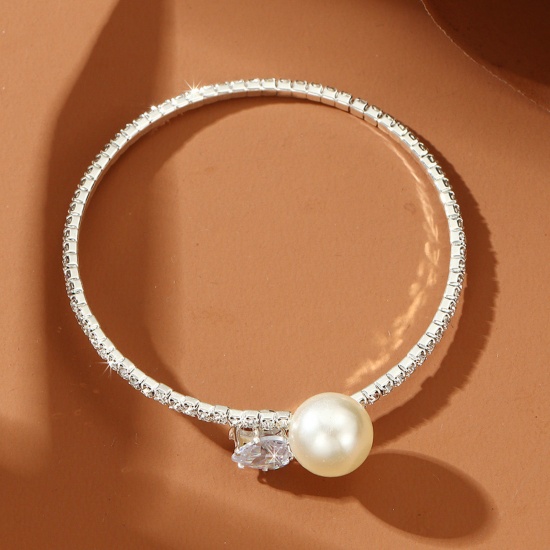 Picture of Stylish Bangles Bracelets Silver Tone Imitation Pearl Clear Rhinestone 5.5cm Dia, 1 Piece