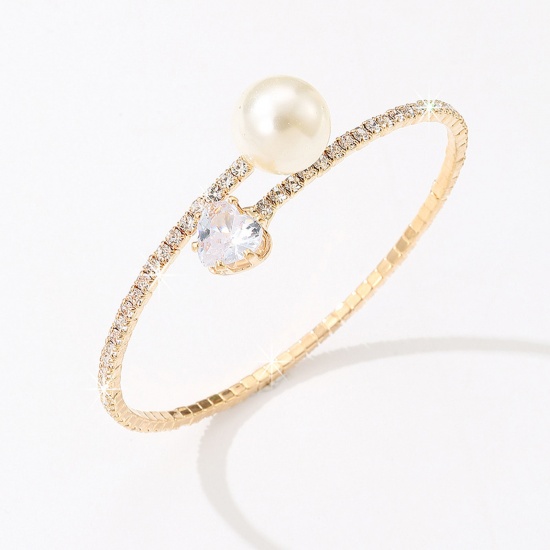 Picture of Stylish Bangles Bracelets Gold Plated Imitation Pearl Clear Rhinestone 5.5cm Dia, 1 Piece