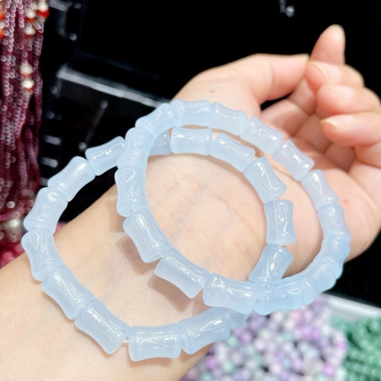 Immagine di Lampwork Vetro Elegante Bracciali Delicato bracciali delicate braccialetto in rilievo Blu acqua Forma di Bambù Giada d'Imitazione 18cm Lunghezza, 1 Pz