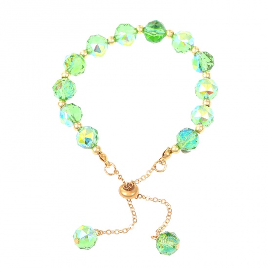 Picture of Glass Ins Style Adjustable Slider/ Slide Bolo Bracelets Gold Plated Green 18cm(7 1/8") long, 1 Piece