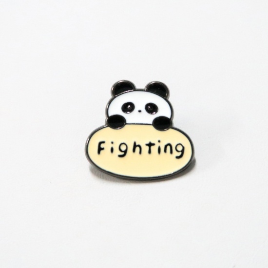 Picture of Cute Pin Brooches Panda Animal Message " FIGHTING " Multicolor Enamel 2.5cm x 2.3cm, 1 Piece