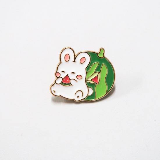 Immagine di Carino Spilla Coniglio Frutto Di Anguria Bianco & Verde Smalto 2.5cm x 2.3cm, 1 Pz