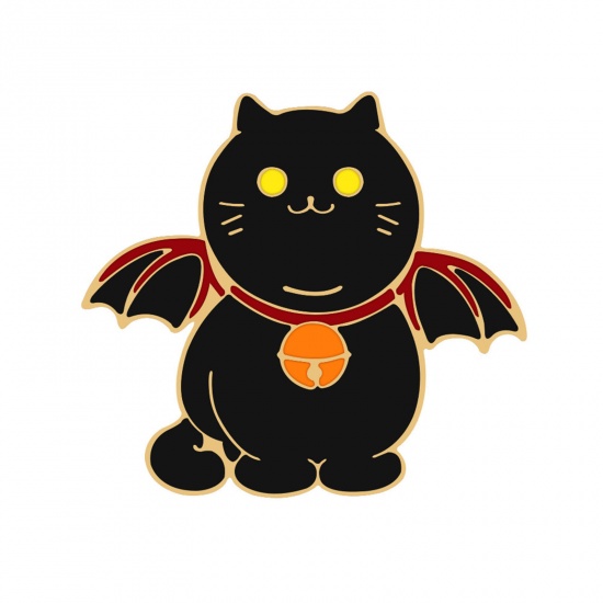 Picture of Cute Pin Brooches Cat Animal Wing Black Enamel 3.4cm x 3.1cm, 1 Piece
