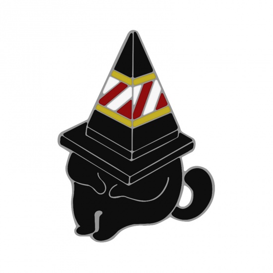 Picture of Cute Pin Brooches Taper Cat Black Enamel 3.1cm x 2.3cm, 1 Piece