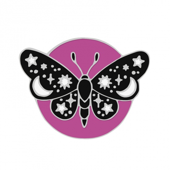 Picture of Insect Pin Brooches Butterfly Animal Silver Color Fuchsia & Black Enamel 3.1cm x 2.5cm, 1 Piece
