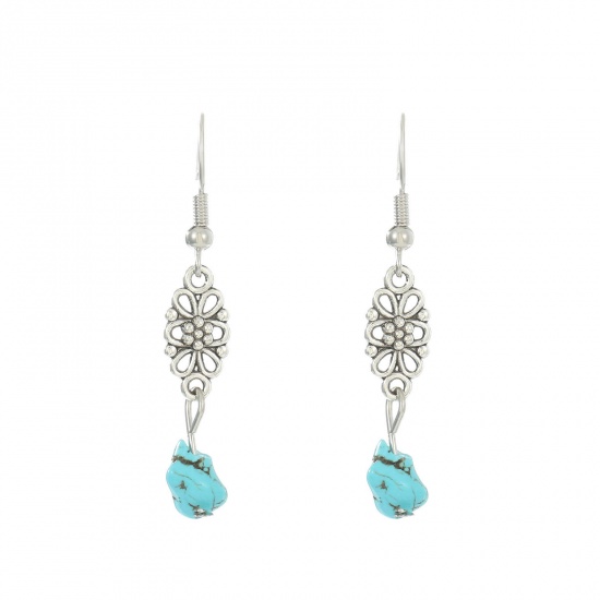 Picture of Turquoise Boho Chic Bohemia Earrings Antique Silver Color Filigree 4.5cm, 1 Pair