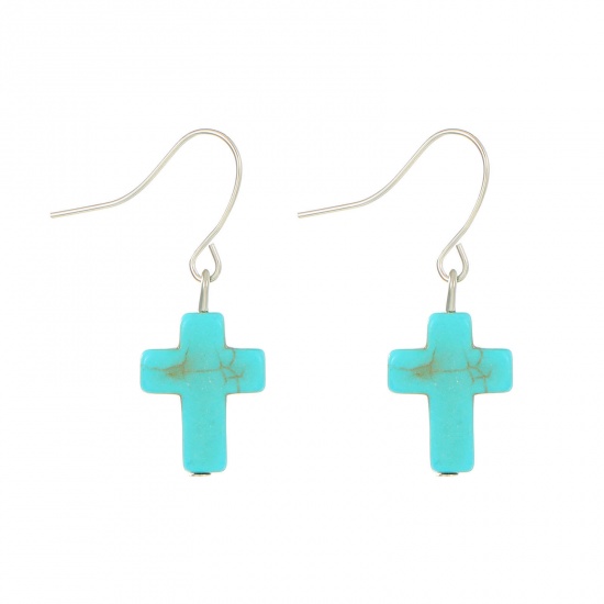 Picture of Turquoise Boho Chic Bohemia Earrings Antique Silver Color Cross 3.4cm, 1 Pair