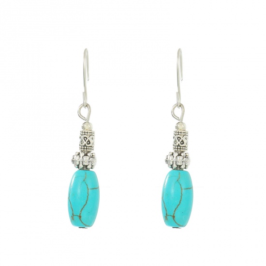 Picture of Turquoise Boho Chic Bohemia Earrings Antique Silver Color Barrel 4.5cm, 1 Pair