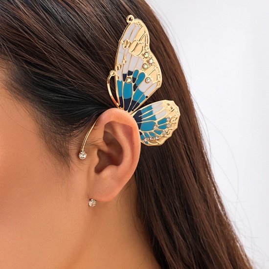 Picture of Insect Ear Cuff Clip On Stud Wrap Earrings For Left Ear Butterfly Animal Wing Gold Plated Blue Clear Rhinestone 8cm x 7cm, 1 Piece