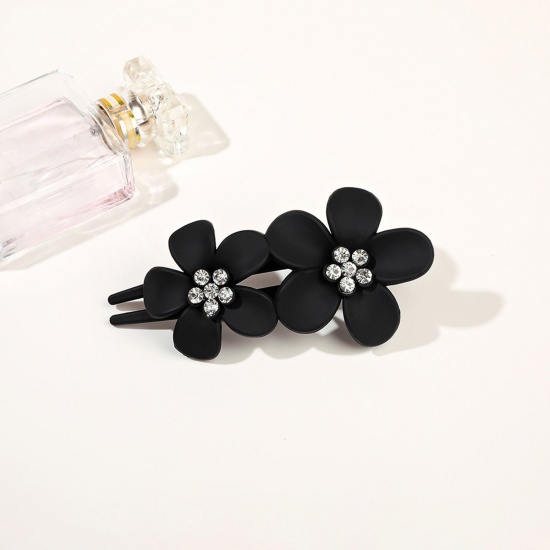 Imagen de Resina Elegante Pinza de Pelo Negro Flor Transparente Rhinestone 11cm x 6cm, 1 Unidad