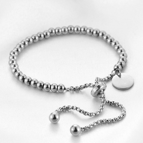 Picture of 316L Stainless Steel Stylish Adjustable Slider/ Slide Bolo Bracelets Silver Tone Round Beaded 16cm - 23cm long, 1 Piece