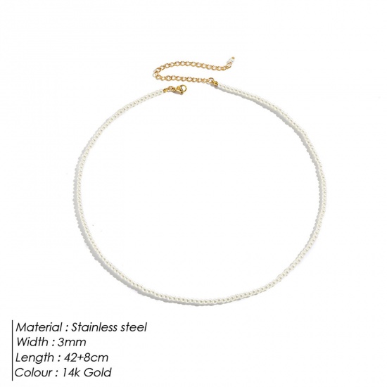 Immagine di Acciaio Inossidabile & Acrilato Elegante Collana di Perline Colore Oro 14K Imitata Perla lunghezza: 42cm, 1 Pz