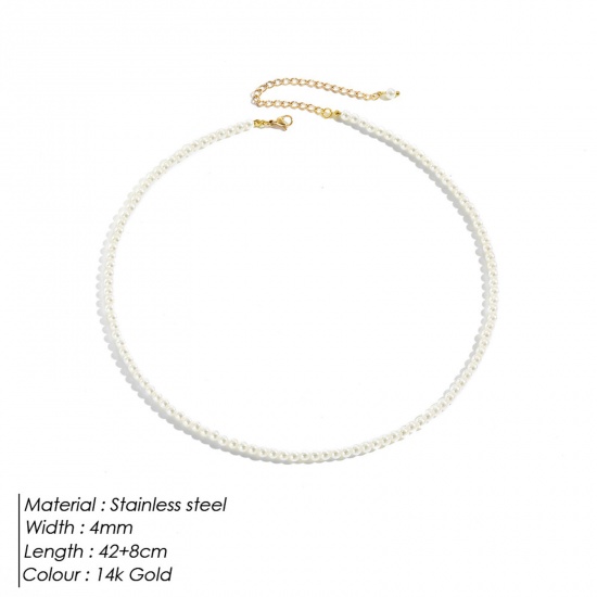 Picture of Stainless Steel & Acrylic Elegant Beaded Necklace 14K Gold Color Imitation Pearl 42cm(16 4/8") long, 1 Piece