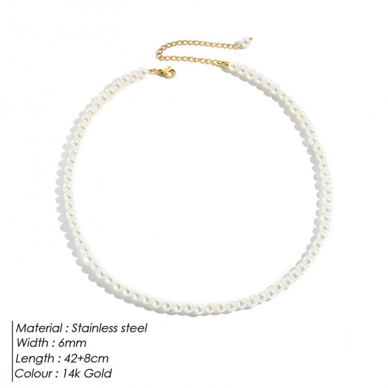 Picture of Stainless Steel & Acrylic Elegant Beaded Necklace 14K Gold Color Imitation Pearl 42cm(16 4/8") long, 1 Piece