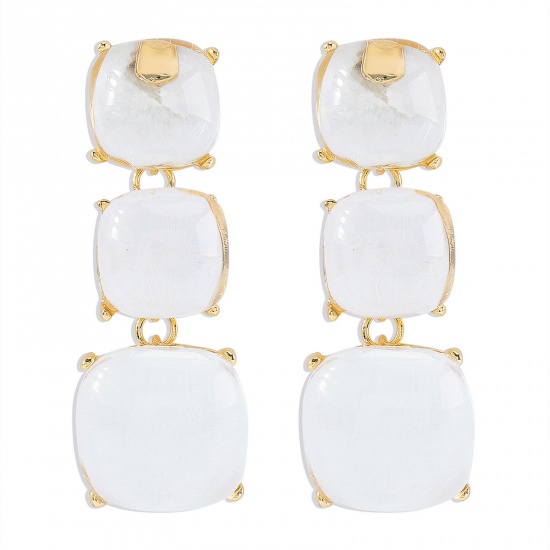 Picture of Resin Stylish Earrings Gold Plated Transparent Clear Square 6.5cm x 2.5cm, 1 Pair