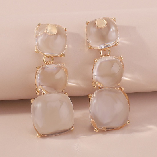 Picture of Resin Stylish Earrings Gold Plated Transparent Clear Square 6.5cm x 2.5cm, 1 Pair