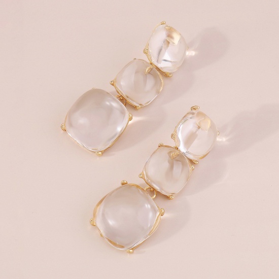 Picture of Resin Stylish Earrings Gold Plated Transparent Clear Square 6.5cm x 2.5cm, 1 Pair