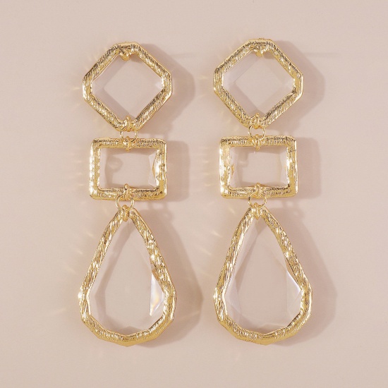 Picture of Resin Stylish Earrings Gold Plated Transparent Clear Square 6.5cm x 2.5cm, 1 Pair