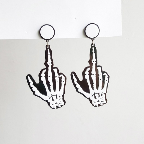 Image de Boucles d'Oreilles Halloween en Acrylique Noir & Blanc Main Crâne 5cm, 1 Paire