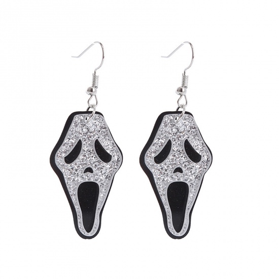 Image de Boucles d'Oreilles Halloween en Acrylique Noir & Argenté Visage de Fantôme 6cm, 1 Paire