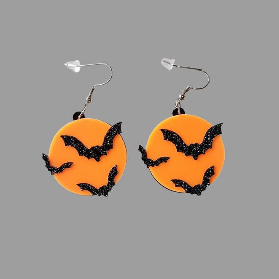 Image de Boucles d'Oreilles Mignon en Acrylique Noir & Orange Rond Halloween Chauve-Souris 4cm, 1 Paire