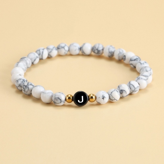 Immagine di Howlite & Acrilico Semplice Bracciali Delicato bracciali delicate braccialetto in rilievo Nero & Bianco Elastico Lettere " J " 18cm Lunghezza, 1 Pz