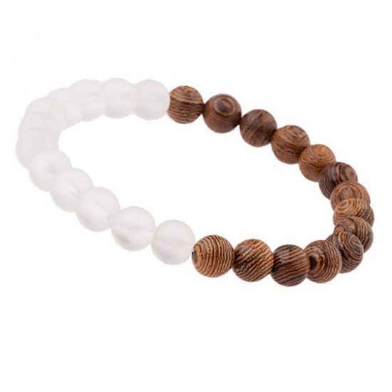 Picture of Wood Stylish Dainty Bracelets Delicate Bracelets Beaded Bracelet White & Coffee Splicing 18cm(7 1/8") long, 1 Piece