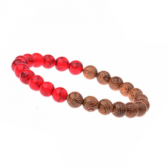 Picture of Wood Stylish Dainty Bracelets Delicate Bracelets Beaded Bracelet Red & Coffee Splicing 18cm(7 1/8") long, 1 Piece