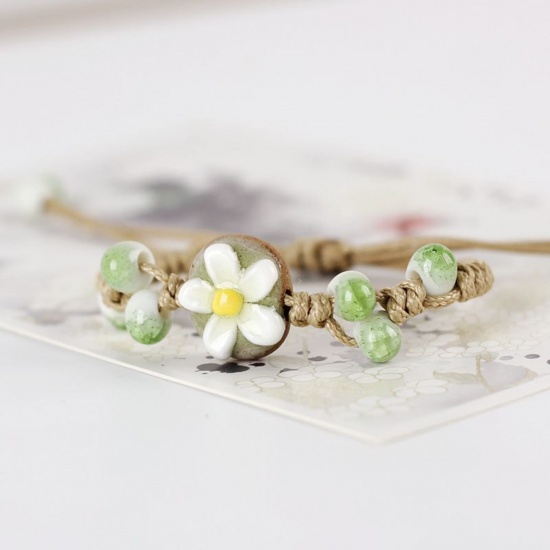 Picture of Ceramic Ethnic Braided Bracelets Green Round Flower 18cm(7 1/8") long, 1 Piece