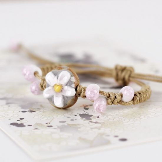 Picture of Ceramic Ethnic Braided Bracelets Pink Round Flower 18cm(7 1/8") long, 1 Piece