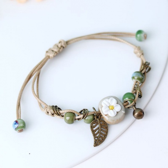 Picture of Ceramic Ethnic Braided Bracelets White & Yellow Flower Leaves 18cm(7 1/8") long, 1 Piece