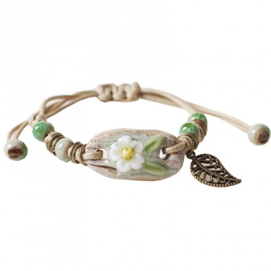 Picture of Ceramic Ethnic Braided Bracelets Multicolor Flower Leaves 18cm(7 1/8") long, 1 Piece