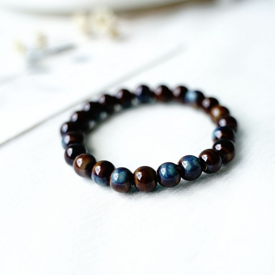 Image de Bracelets Raffinés Bracelets Délicats Bracelet de Perles Style Pastoral en Céramique Bleu & Brun Elastique 18cm long, 1 Pièce