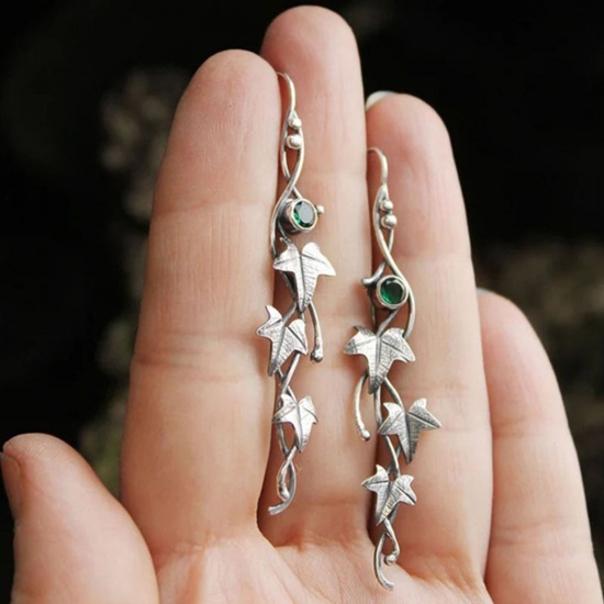 Picture of Retro Earrings Antique Silver Color Flower Vine Leaf Green Rhinestone 7cm, 1 Pair