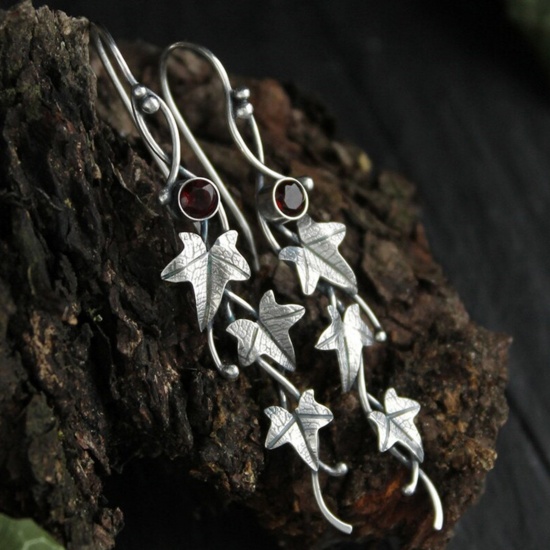 Picture of Retro Earrings Antique Silver Color Flower Vine Leaf Red Rhinestone 7cm, 1 Pair