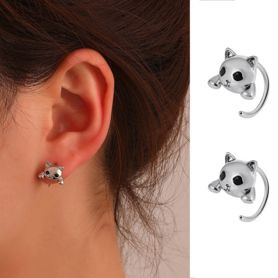 Picture of 1 Piece Brass Ear Jacket Stud Earrings Platinum Plated Cat Animal 1.4cm