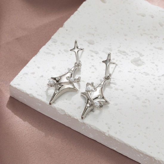 Picture of Galaxy Earrings Silver Tone Star Imitation Pearl Clear Rhinestone 4.6cm x 1.6cm, 1 Pair