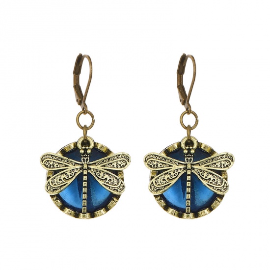 Picture of Retro Earrings Antique Bronze Dragonfly Animal Imitation Moonstone 4cm, 1 Pair
