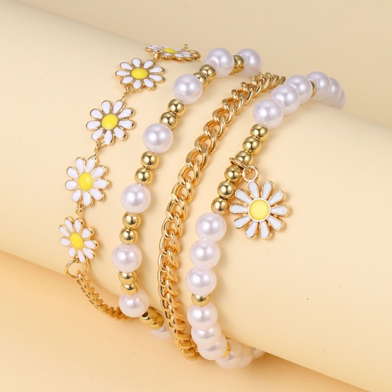 Picture of Stylish Bracelet Set Gold Plated Daisy Flower Imitation Pearl 18cm(7 1/8") long, 1 Set ( 4 PCs/Set)