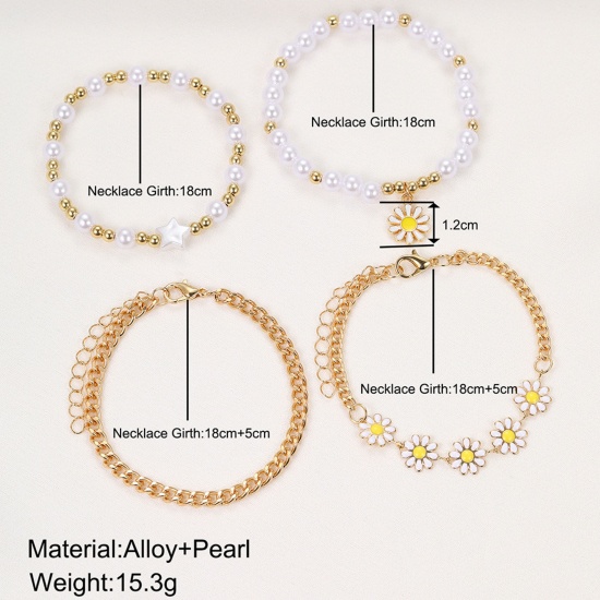 Изображение Стильный Набор браслетов Позолоченный Маргаритка Имитация жемчуга 18см длина, 1 Комплект ( 4 ШТ/Комплект)