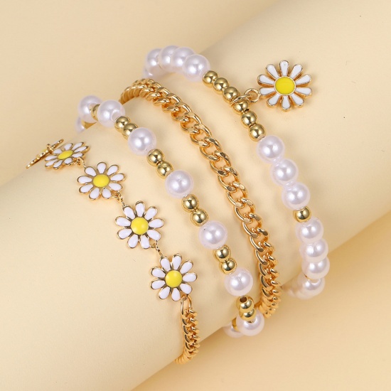 Picture of Stylish Bracelet Set Gold Plated Daisy Flower Imitation Pearl 18cm(7 1/8") long, 1 Set ( 4 PCs/Set)