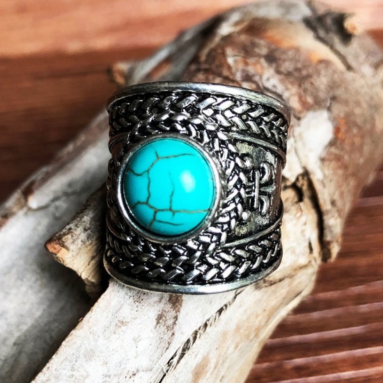 Picture of Boho Chic Bohemia Open Rings Antique Silver Color Imitation Turquoise Round 17mm(US Size 6.5), 1 Piece