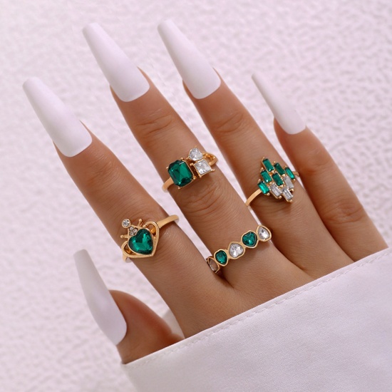 Picture of Retro Open Rings Gold Plated Crown Heart Green Rhinestone 18mm(US Size 7.75) - 17mm(US Size 6.5), 1 Set ( 5 PCs/Set)