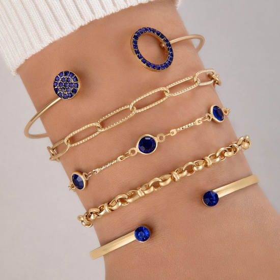 Picture of Stylish Bracelet Set Gold Plated Circle Ring Blue Rhinestone 17cm - 18cm long, 1 Set ( 5 PCs/Set)
