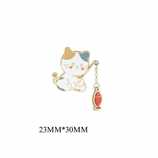 Picture of Cute Pin Brooches Cat Animal Fish Gold Plated Multicolor Enamel 3cm x 2.3cm, 1 Piece