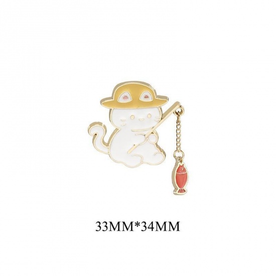 Picture of Cute Pin Brooches Cat Animal Fish Gold Plated Multicolor Enamel 3.4cm x 3.3cm, 1 Piece