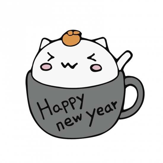 Immagine di Carino Spilla Tazza Gatto Lettere " Happy New Year " Grigio Smalto 24mm x 21mm, 1 Pz