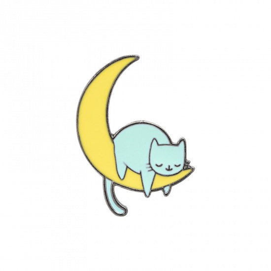 Picture of Cute Pin Brooches Half Moon Cat Yellow & Blue Enamel 2.5cm x 1.6cm, 1 Piece