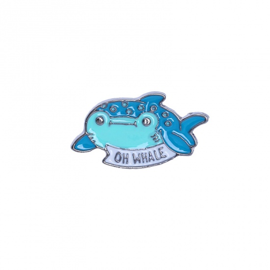 Picture of Cute Pin Brooches Whale Animal Message " Ohm " Blue Enamel 2.5cm x 1.6cm, 1 Piece